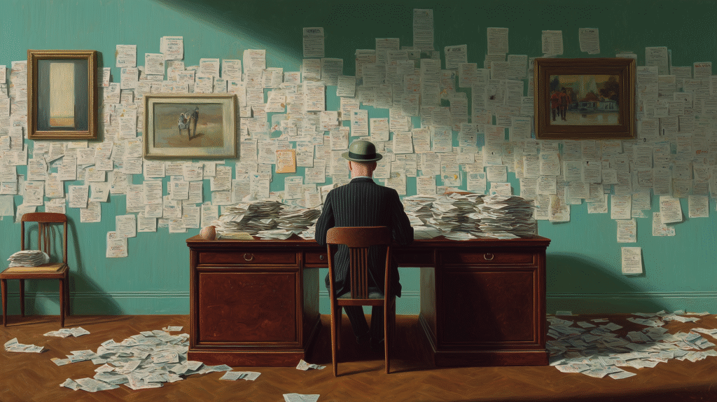artistic representation of a man sitting in front of piles of data, doing performance tracking